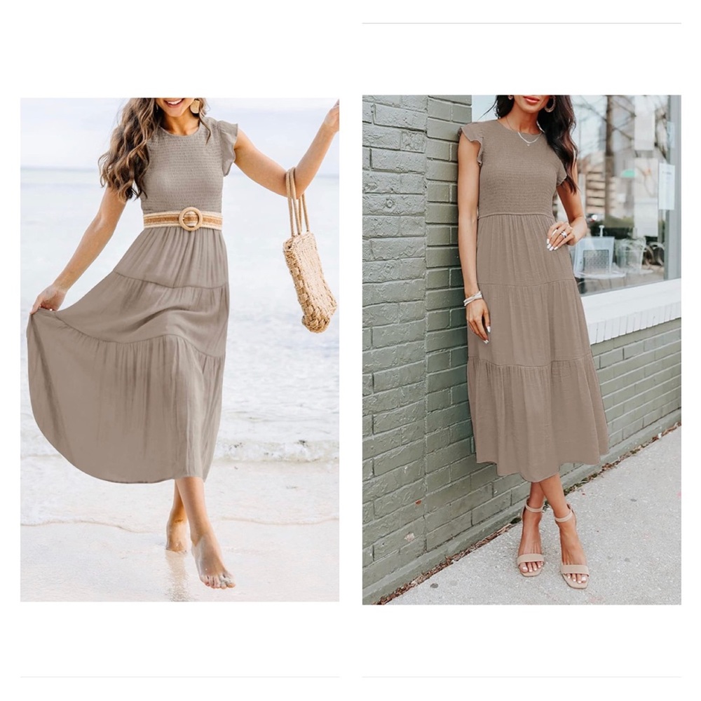 NWTCasual Flutter Short Sleeve Crew Neck Smocked Elastic Waist Tiered Midi Dress